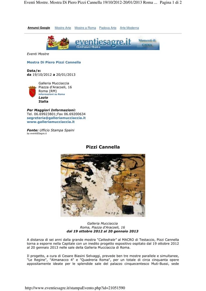 Piero Pizzi Cannella, Galleria Mucciaccia, Roma 2012