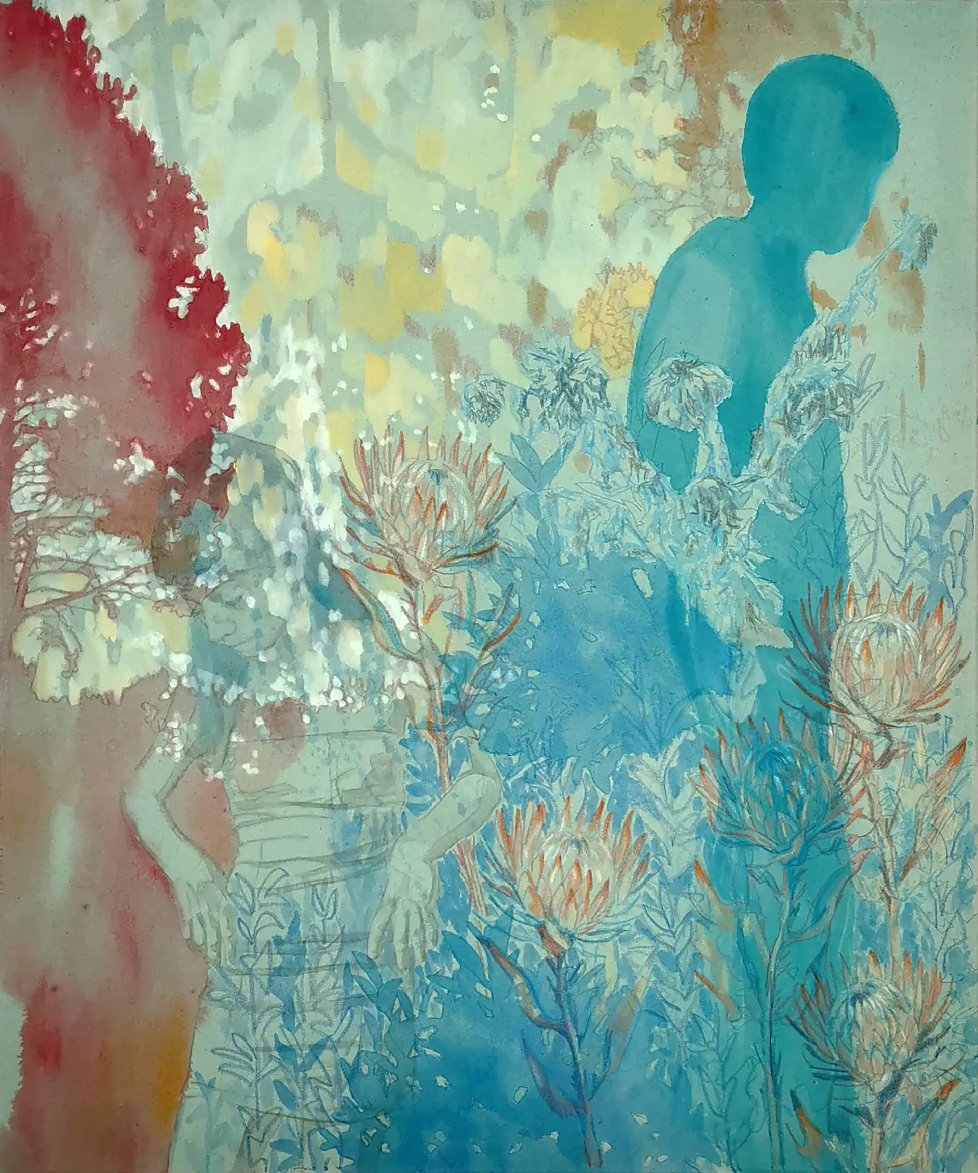 Elisa Zadi, Fiori di cardo e Zinnia, 2024, olio, pigmento e pastello su tessuto, cm 120x100-alta Elisa Zadi Fiori di Cardo e Zinnia, 2024 Olio e pigmento e pastello su tessuto 120 x 100 cm