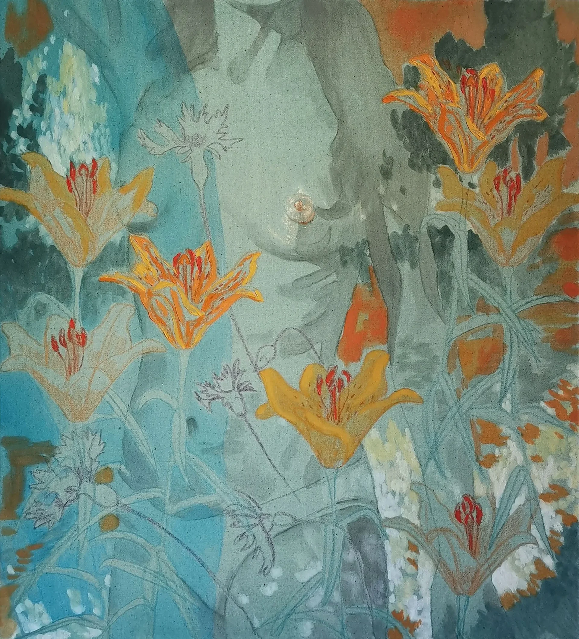 Elisa Zadi, Giglio di Fuoco, 2024, olio e pigmento su tessuto, cm 55x50-alta Elisa Zadi Giglio di Fuoco, 2024 Olio e pigmento su tessuto 55 x 50 cm