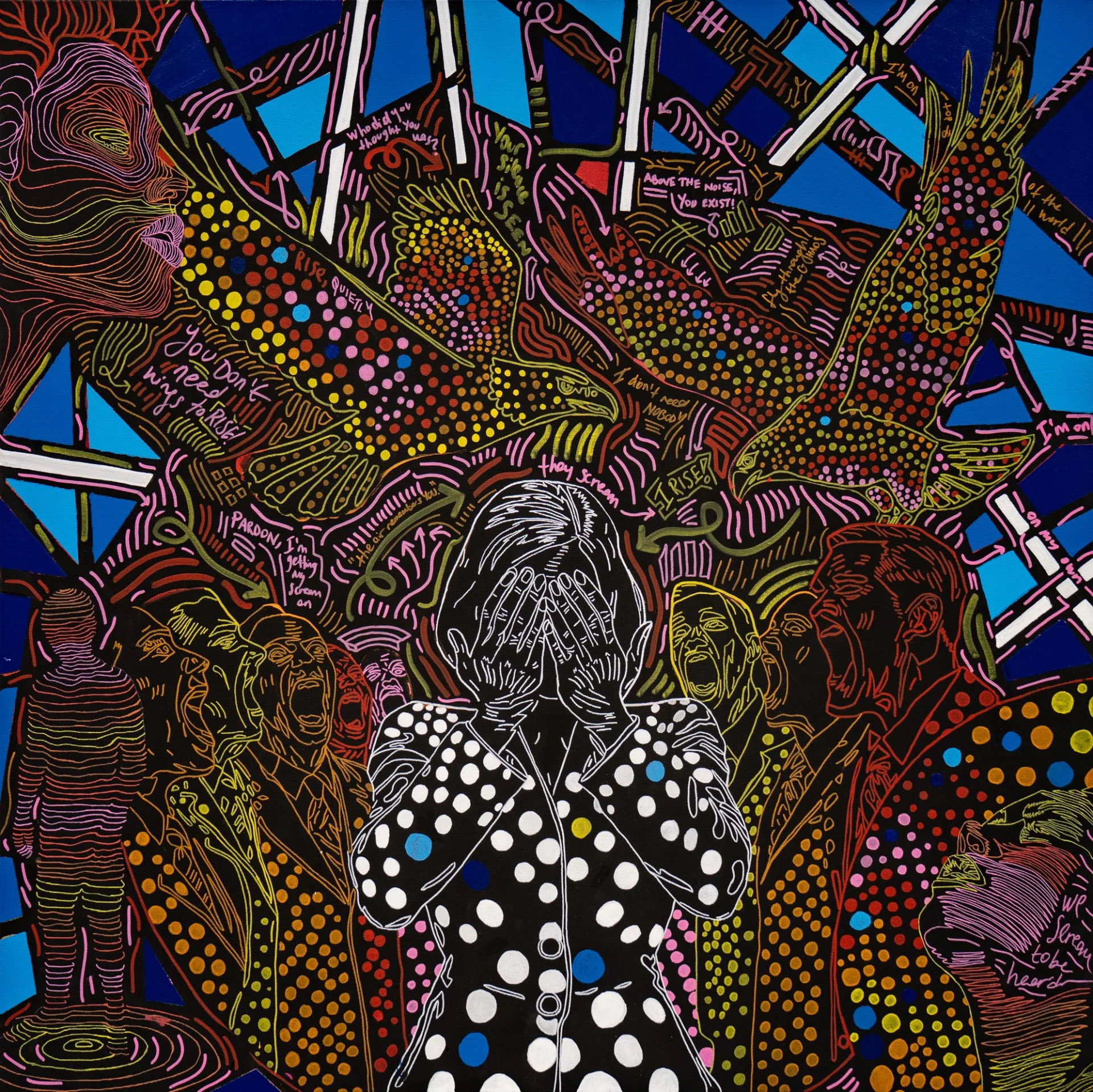 They Scream, I Rise, 2025, Acrylic and Marker on Canvas, 100x100 cm They Scream, I Rise, 2025, Acrylic and Marker on Canvas, 100x100 cm